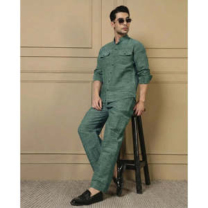 Deebaco <b>Men's</b> Mint Green Cotton Textured Plaid Co-ord Set Mandarin Collar Full Sleeve Kurta With Pant Set Smart Casual Spring - Product Image 1