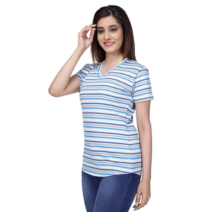 Ropa de mujer Oversize elegante manga corta Slim Fit rayas Casual mujeres camisetas diseño personalizado cuello en V camiseta para mujer - Product Image 5