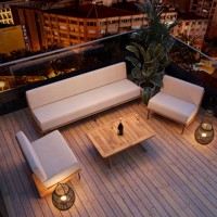 Conjunto de Muebles de Jardín con Diseño Moderno de Mediados de Siglo, Madera de Teca Sólida Resistente a la Intemperie, Madera Natural y Blanca, Capacidad para 6 Personas
