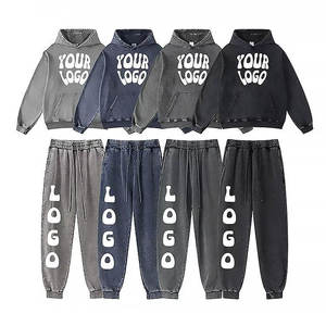 Conjunto Deportivo Vintage Lavado al Ácido Personalizado de Moda Urbana 2026, Sudadera con Capucha y Pantalones Deportivos con Parches Desgastados para Hombre - Product Image 4