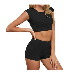 Conjunto de entrenamiento de algodón para mujer, ropa de gimnasio sin costuras por encima de la rodilla de secado rápido, pantalones cortos de Yoga de dos piezas, sujetador, botón, decoración, patrón sólido - Product Image 1