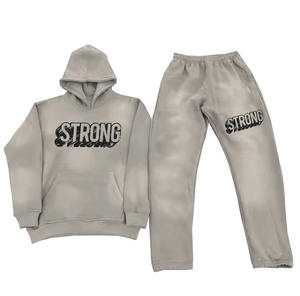 Hot Sale Training Wear Tracksuit Sets Acid <b>Wash</b> Gray Color Hoodie Stacked Pants Sweat Suits for Men With Screen Printed Logo - Product Image 5