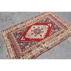 พรมขนสัตว์สีเบจสีแดงแบบดั้งเดิมขนาด3.6X5.5ฟุตห้องโถงสี่เหลี่ยมสไตล์ตุรกีดีไซน์แอบสแตรกต์ลาเท็กซ์ขนาด10มม. สำหรับห้องนั่งเล่น - Product Image 2