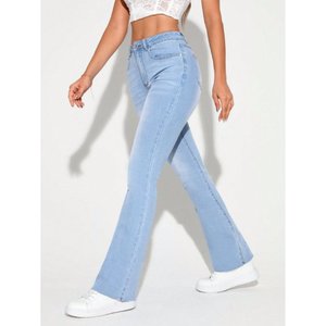Vaqueros de mezclilla lavados azul hielo para mujer, corte de bota, ajustados, casuales, de tiro alto, acampanados, elásticos, estilo urbano, tallas 26 a 40 - Product Image 3