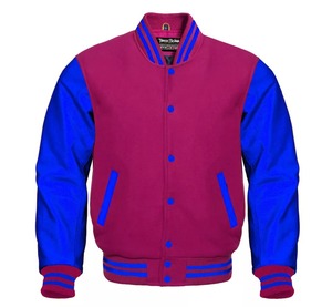 Premium hommes Letterman Baseball Varsity Bomber veste toile coupe-vent hiver bleu Royal rose laine manches en cuir véritable - Product Image 1