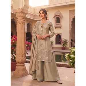 Ensemble élégant pour femmes en soie unie, Kurta, Palazzo et Dupatta, manches trois quarts, tissu satiné, collection printemps-été - Product Image 1