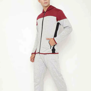 Ensemble de survêtement à capuche pour homme, gris et rouge, blocs de couleur, manches longues, fermeture éclair, poches latérales, tenue décontractée pour l'automne - Product Image 2