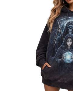 Sudadera con Capucha de Felpa para Mujer, Estilo Gótico, Diseño de Calavera, Lavado Oscuro, Talla Grande, Ropa Urbana - Product Image 2