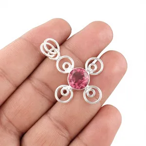 Colgante de latón clásico al por mayor con turmalina rosa curativa, gemas de forma redonda con engaste de bisel, certificado por terceros, para mujer - Product Image 6