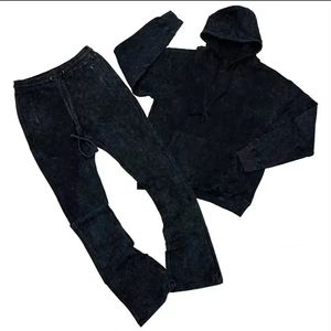 Diseño personalizado de gran tamaño Streetwear 2 piezas apiladas Flare pantalones de chándal Jogger y Sudadera con capucha conjunto de hombres chándal puños con cremallera chándal - Product Image 5