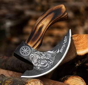 Hache à pizza Viking en acier au carbone forgé à la main personnalisée en gros hachette en acier Damas avec manche en bois pour la coupe pour le camping - Product Image 3