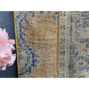 พรมวินเทจขนาด 1.9x6.4 ฟุต, พรมตุรกีแบบ Runner, พรมลายดอกไม้สีเหลืองน้ำเงิน - Product Image 4