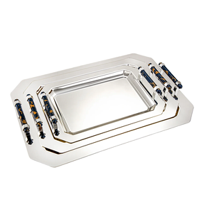 JUEGO DE 3 bandejas de servicio de oro de metal de tendencia con asa en forma de rectángulo para Hotel y restaurante bandejas de mesa para servir comida y bebida - Product Image 5