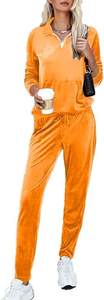 Women's Custom Logo Street 2 Two-Piece <b>Velour</b> Velvet Sweatsuit Sets Solid Tracksuit Logo <b>Hoodie</b> Zipper Long Casual Workout - Product Image 4