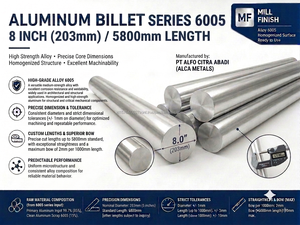 Barres d'aluminium série 6005, 8 pouces (203 mm), rondes, finition usinée, longueur 5800 mm, alliage homogénéisé haute résistance - Product Image 2