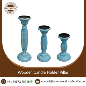 Candelabro de madera tallado a mano para el hogar y boda, Juego de 3 pilares, Color antiguo, blanco, azul, decorativo, de la India - Product Image 3