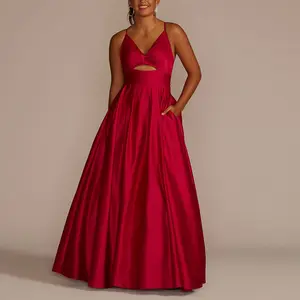 GDTEX Custom Long V-neck Satin Ball Gown With Bodice Cutout Shoulder Straps Open Back Prom Dress For Birthday Party Club Dress