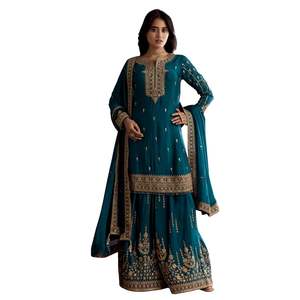 Verde acqua blu Zari perline Kurta Palazzo Dupatta Set con paillettes all'ingrosso donna abbigliamento etnico OEM abbigliamento fabbrica abbigliamento alla rinfusa - Product Image 1