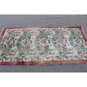 Turkish Rug 3.37x6.7 ft, <b>Red</b> Blue Ombr <b>Wool</b> Vintage Rug - Product Image 2