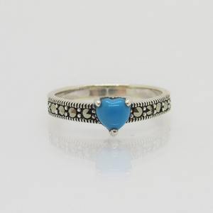 Vintage Heart Cut <b>Turquoise</b> And Marcasite <b>Ring</b> In 925 Sterling Silver Handmade Elegant Natural Gemstone Jewelry - Product Image 1