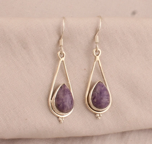 Charoite <b>Earrings</b> 925 Sterling <b>Silver</b> Handmade Teardrop Gemstone <b>Earrings</b> Unique Jewelry Factory Price Any Occasions Gift - Product Image 5