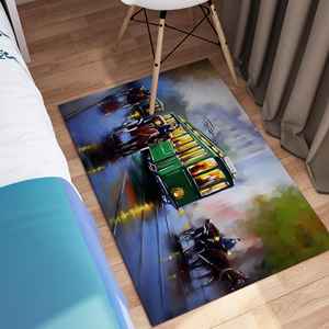 Alfombra Estampada con Paisaje Urbano y Tranvías Verdes para Decoración de Salón, Alfombra de Terciopelo de Lujo - Product Image 4