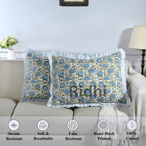 Ensemble de housses de coussin lombaire RIDHI 20x26 à volants floraux vert asperge, imprimé à la main sur coton, personnalisable, amovible, lavable, décoratif - Product Image 5