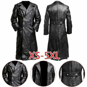 Mens Premium Quality <strong>German</strong> Classic <strong>WW2</strong> Officer's <strong>Uniform</strong> Black Leather Trench Coat Thick Fleece Fabric Washed Technic Handmade - Product Image 2