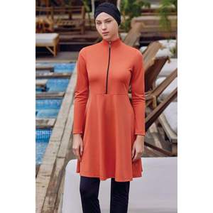 Modesto islámico media cremallera Burkini de talla grande traje de baño musulmán con característica impermeable Maternidad y patrón de impresión Color canela - Product Image 1