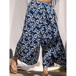 Mala Indigo <b>High</b>-<b>Waisted</b> Flare Palazzo Pants-Breathable Wrinkled Modal <b>Cargo</b> Trousers - Product Image 1