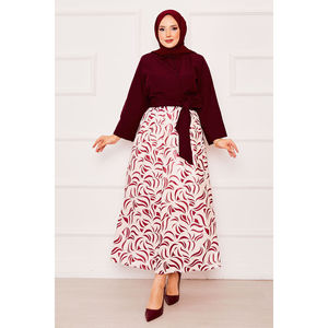 Conjunto de Traje Borgoña para Mujer con Falda de Mangas Anchas y Cinturón Incorporado, Elegante y con Estilo - Product Image 3