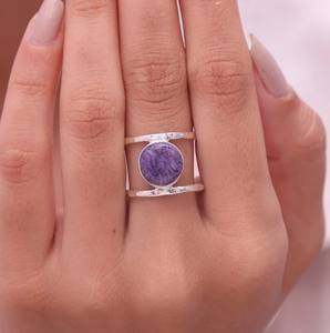 Offre Spéciale bague Double bande pour femme faite à la main véritable Charoite pierre précieuse solide 925 en argent Sterling lunette réglage classique pour les fêtes - Product Image 1
