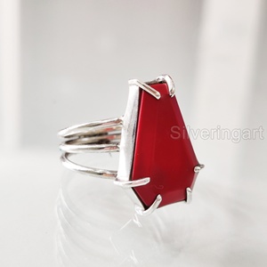 Bague pour femme en argent sterling 925, faite à la main, avec pierre précieuse naturelle corail rouge AAA en forme de cercueil, pierre de naissance de avril, cadeau d'anniversaire de mariage - Product Image 2