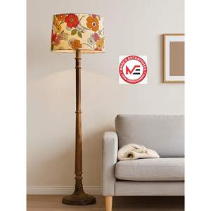 Lámpara de Pie Rústica de Madera Marrón Nogal con Pantalla de Tela Multicolor, Estilo Antiguo, para Mesita de Noche, Suministro al por Mayor - Product Image 1
