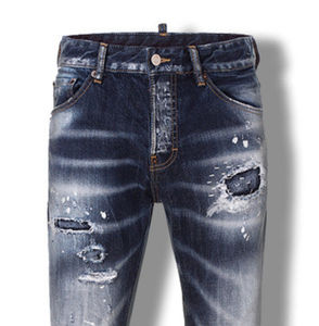 กางเกงยีนส์ทรงตรงสีน้ำเงินวินเทจซักพิเศษสำหรับผู้ชาย มีกระเป๋าข้าง ลายไบค์เกอร์ ทรงหลวมใส่สบายสำหรับฤดูร้อน มีรอยขาด - Product Image 2