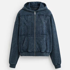 Nouveau design, sweat-shirt en denim streetwear personnalisé, sans cordon, en coton doux, épaules tombantes, denim vintage lavé - Product Image 5