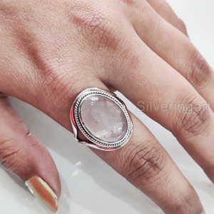 Anillo de mujer, de cuarzo rosa Natural piedra preciosa, piedra natal de abril, banda de diseñador, joyería hecha a mano de Navidad, anillo de Plata de Ley 925 - Product Image 3
