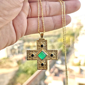 Religious jewelry 18k <b>gold</b> plated <b>cross</b> necklace natural stone labradorite turquoise onyx chalcedony designer texture <b>pendant</b> - Product Image 4