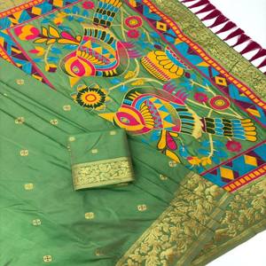 Sari en soie douce VASTRA COTTAGE, or zari, motif floral Meenakari, bordure fantaisie Sparrow Pall, qualité originale avec blouse assortie - Product Image 3