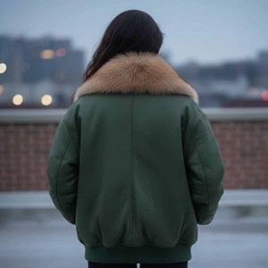 Chaqueta de Cuero Genuino para Mujer, Estilo Bomber y Motera, con Cuello de Piel de Zorro, Cierre de Cremallera, Cortavientos, Ropa de Abrigo para Invierno - Product Image 4