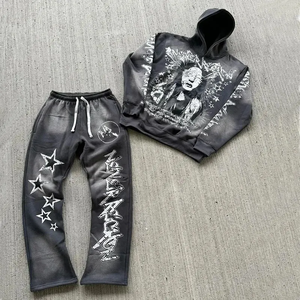 Ropa de calle pesada, Sudadera con capucha y pantalones de chándal con cremallera desgastada, conjunto de 2 piezas para hombres, conjuntos de chándal Vintage lavados con ácido personalizados - Product Image 4