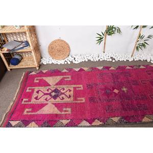 Alfombra turca Vintage de 32 'X 10', Alfombra de lana tejida plana rosa y morada con respaldo de látex para decoraciones de sala de estar - Product Image 5