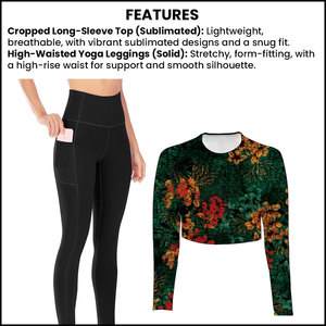 Sublimated <b>Cropped</b> Long-Sleeve Yoga Top with High-Waisted Solid Yoga <b>Leggings</b>, Yoga Sets Versatile Gym Wear Women Sets - Product Image 5