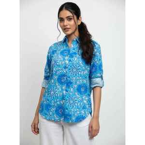 Camisa Casual de Manga Larga para Mujer, Estampada a Mano, Azul y Blanca con Diseño Floral, Tela de Popelina de Algodón Modal, Diseño Dibujado a Mano, Talla XL, Bordada - Product Image 3