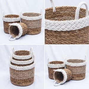 Ensemble de paniers en plastique recyclé à base de peau de banane naturelle, avec bordure en macramé blanc, poignée en arche, pot cylindrique, décoration artistique pure pour la maison - Product Image 3