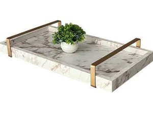 Plateau de service rectangulaire en marbre de qualité supérieure avec poignée pour la cuisine et marbre blanc et métal de fer fini or - Product Image 2