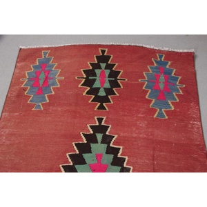 Tapis turc 3,7x8,6 pieds, tapis à carreaux rouge et bleu en laine - Product Image 5