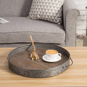 Plateau de service en métal galvanisé rond rustique avec base en bois parfait pour l'affichage du café et l'ajout de charme de ferme aux espaces - Product Image 1