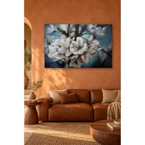 Impression sur toile Fida avec fond turquoise et fleurs de prunier blanches - Product Image 2