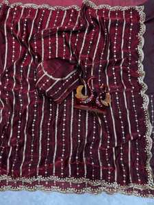 Saree brodé de créateur glamour pour les fêtes de mariage Événements culturels-Vêtements de mariage traditionnels indiens longs et doux - Product Image 5